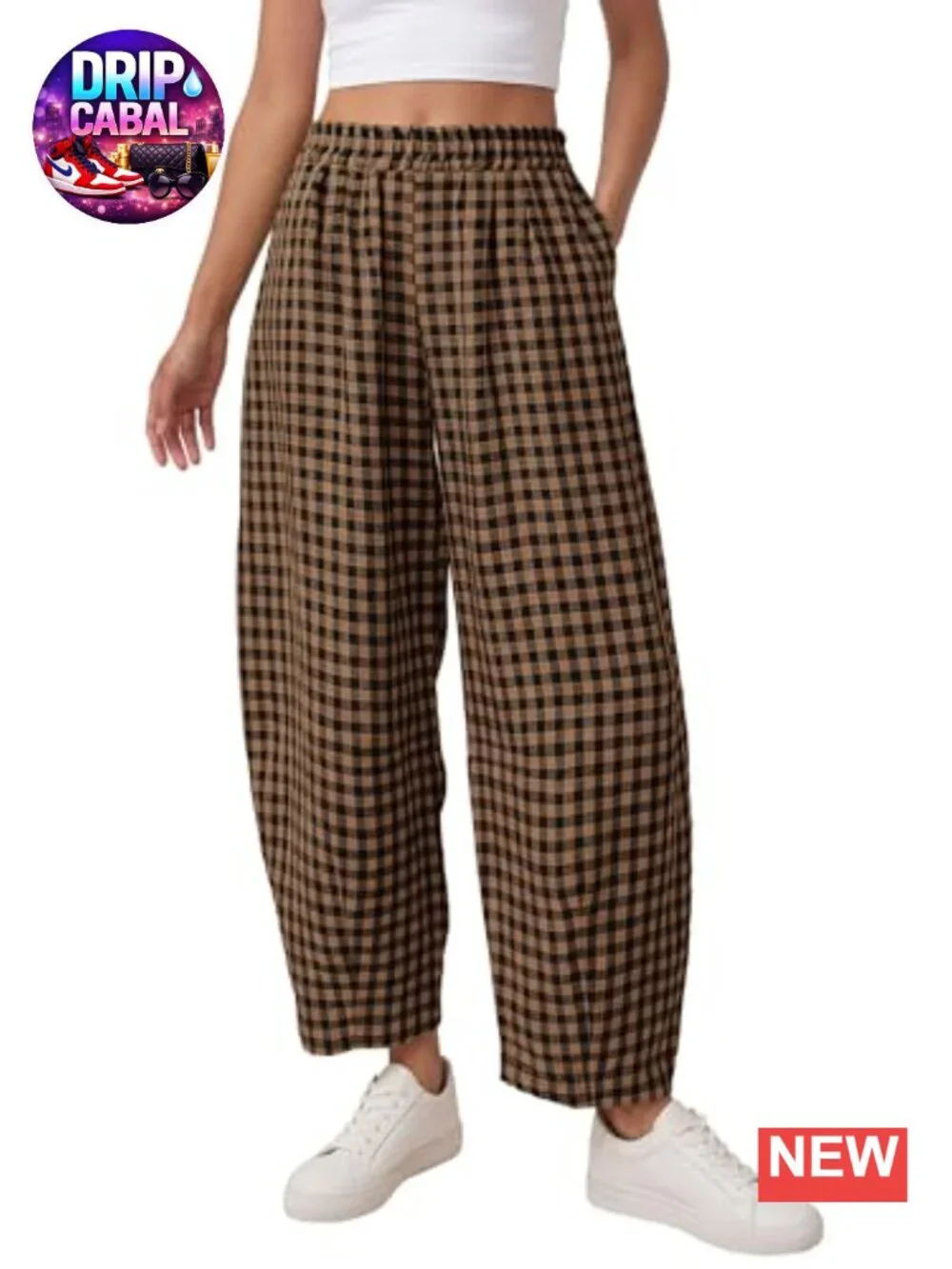Women's High Waisted Wide Leg Plaid Cotton Barrel Pants with Pockets
